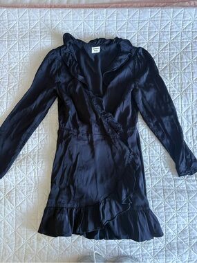 Sunday Best Navy Satin Ruffle Wrap dress